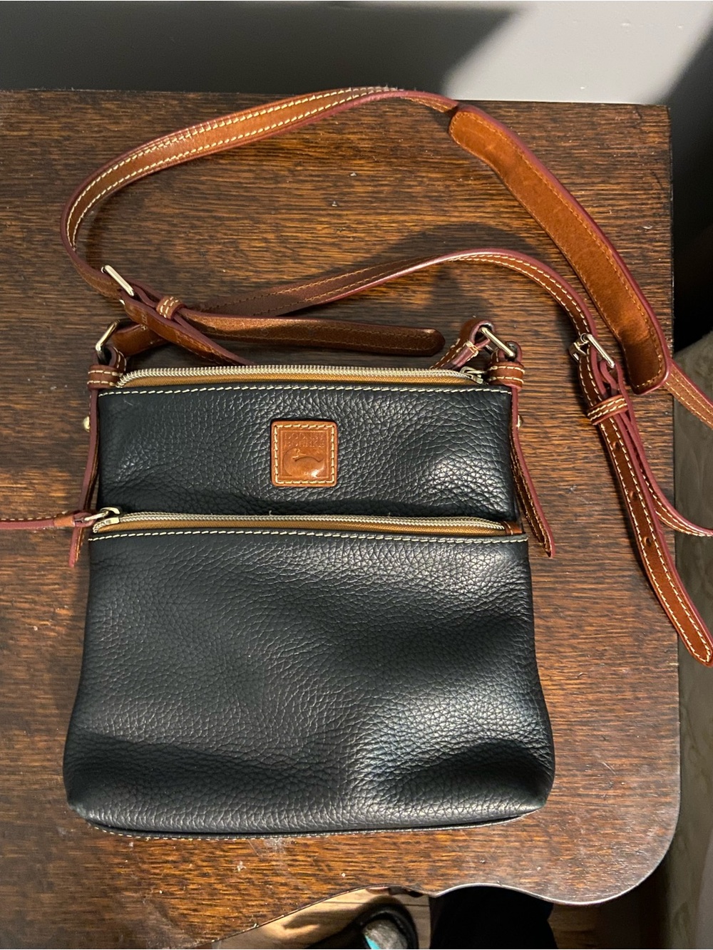 Dooney & Bourke Black Pebble Leather Crossbody with Brown Trim and Strap